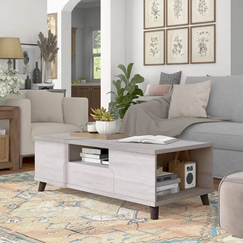 47 Mid-Century Modern Coffee Table with Shelves & Drawer