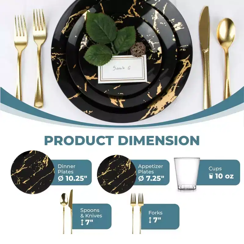 Posh Setting 420 Piece Black And Gold Plastic Party Bundle - Stroke (60 Settings)