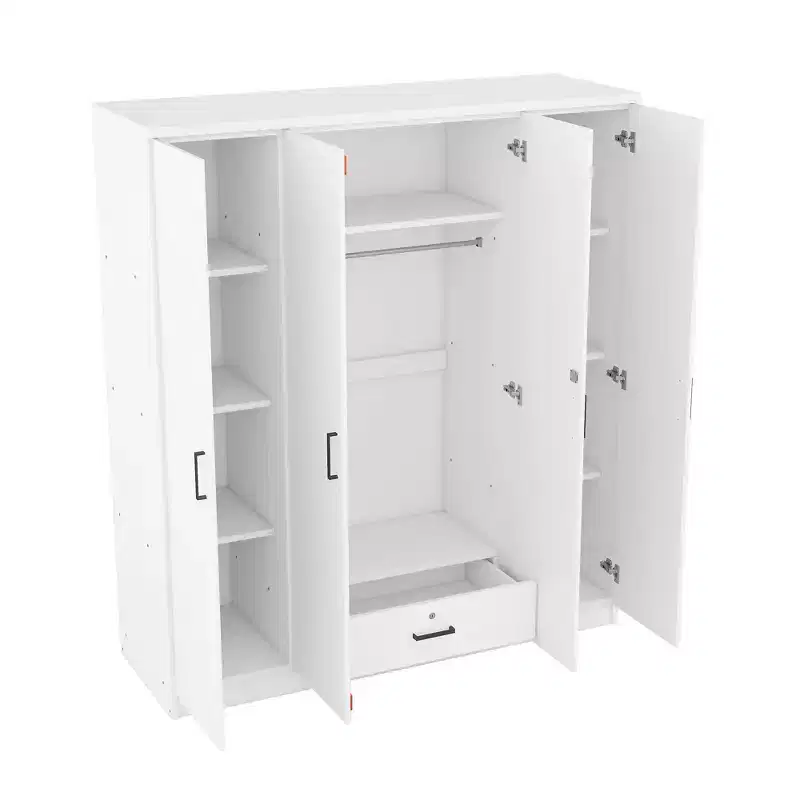 Wood 4-Door Wardrobe Armoire with Hanging Rod, 1-Drawer and Storage Shelves