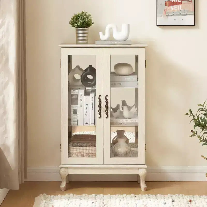 2-Door Curio Cabinet with Tempered Glass Doors, Mirrored Back Panel, Adjustable Shelves, and Light for Home Office