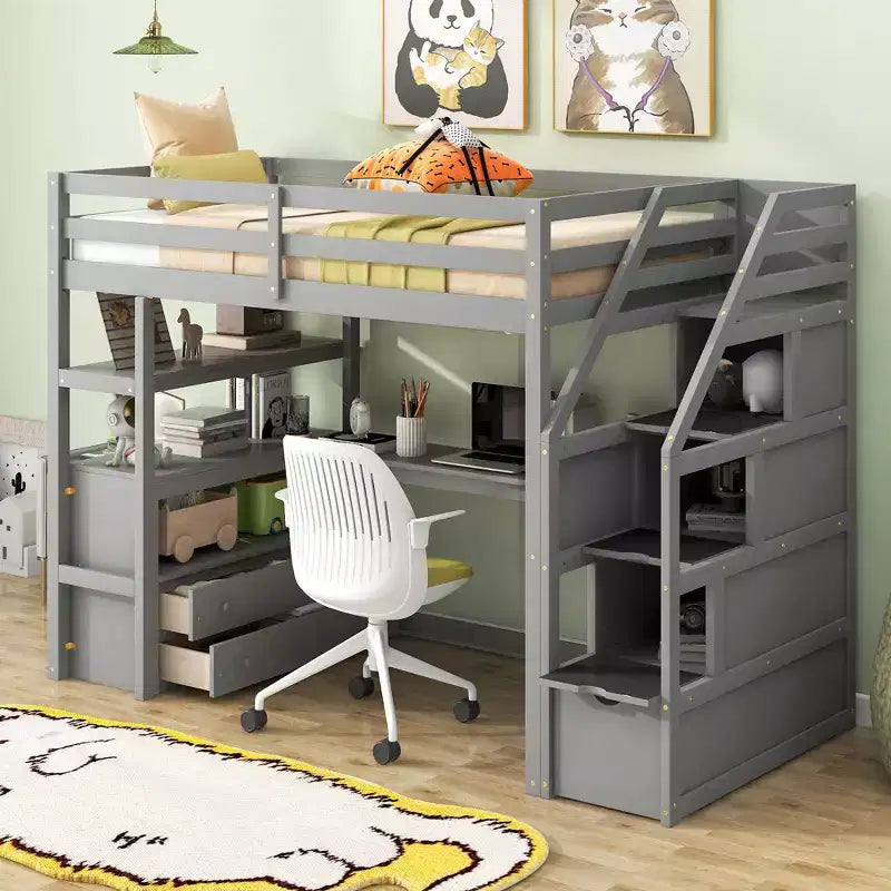 Full/Twin Loft Bed with Built-In Desk, Shelves, Storage Staircase & 2 Drawers