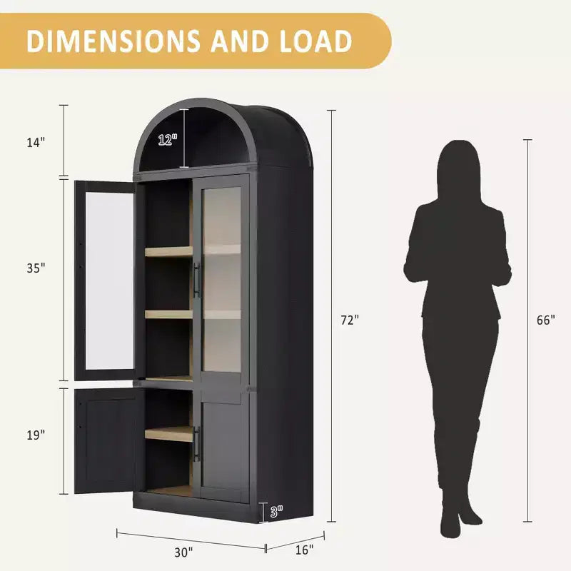 6-Tier Bookcase with Glass Doors and Arched Top