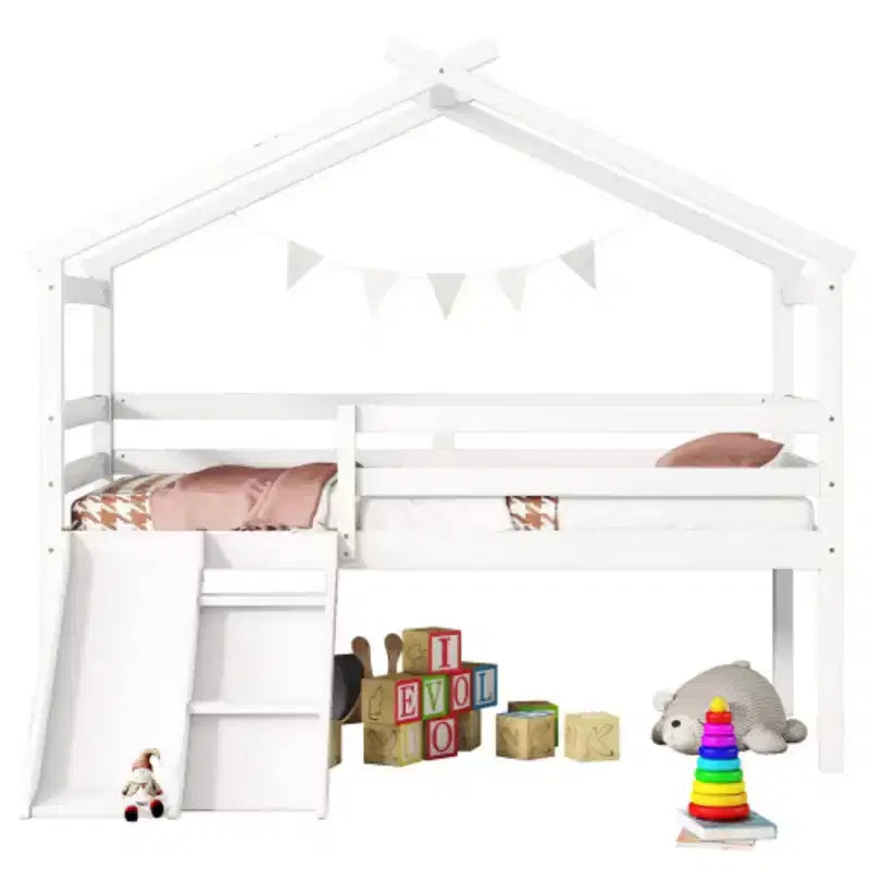 Youth Loft Bed with Slide, Access Ladder, and Guard Rails, Complete with Playhouse-Style Roof