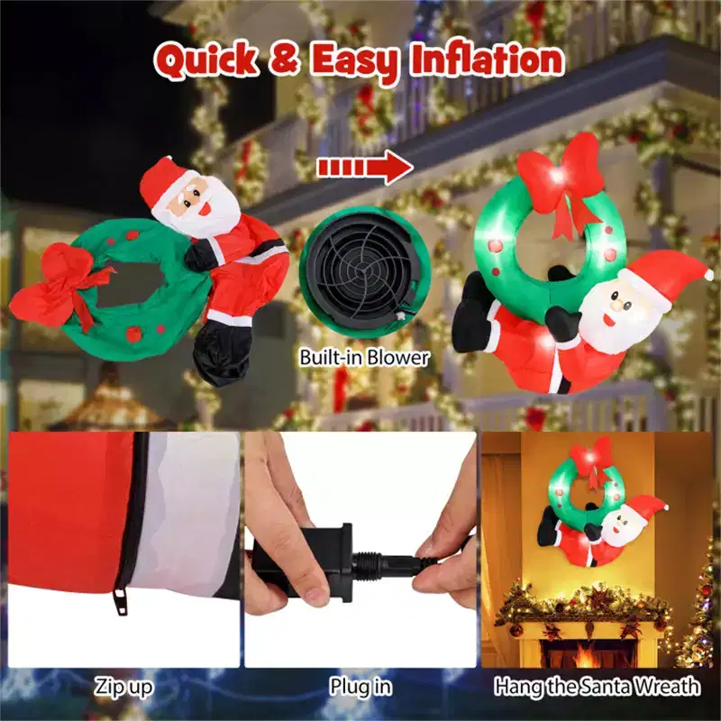 4ft Inflatable Santa Wreath Christmas Decor: 5 LED Lights (3 on Wreath/2 on Santa), IP44 Waterproof Polyester, 2 Hanging Ropes