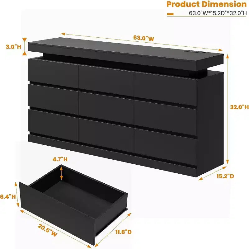 9-Drawer, 63 Wide LED & USB Dresser - Multi-Use Organizer & TV Stand for Bedroom & Living Areas, White