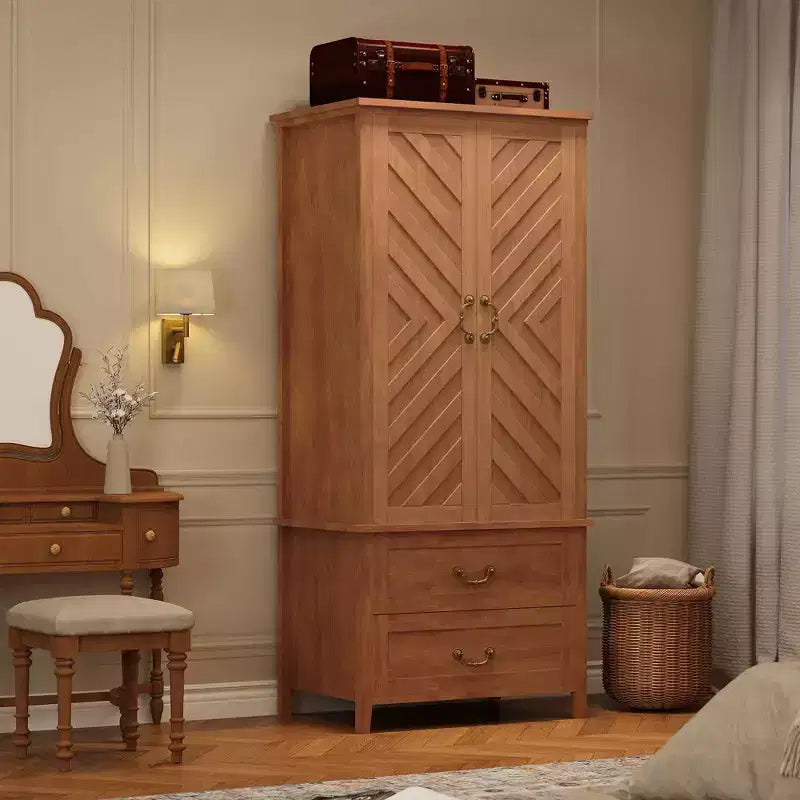 Spacious 71 V Shape Tall Wooden Armoire Wardrobe Closet  2 Doors & Drawers, Hanging Rod  Large Freestanding Storage Cabinetbrown