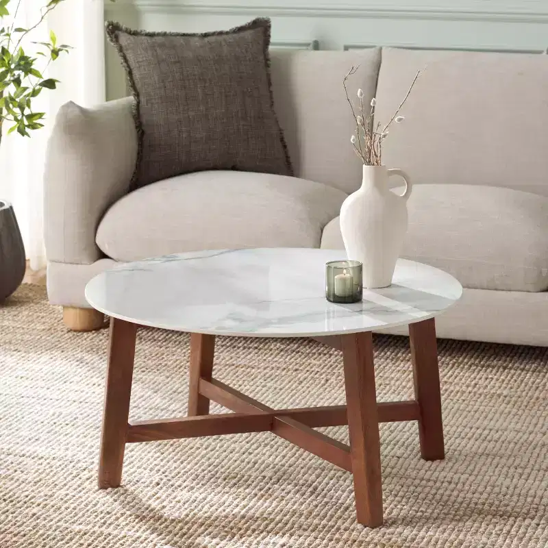 Round Coffee Table with Ceramic Top, Off-White