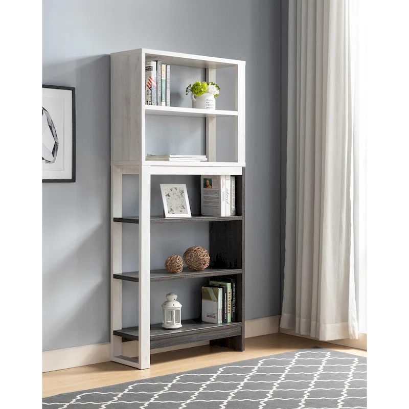 5-Tier Home Display Cabinet, Two-Toned Freestanding Bookcase White Oak & Distressed Grey