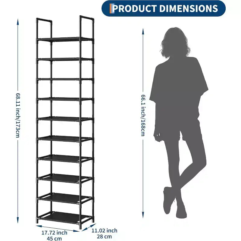 10-Tier Sturdy Metal Shoe Rack with Removable Fabric Shelves, Tall Space-Saving Corner Organizer for Closet, Entrance, Living Room