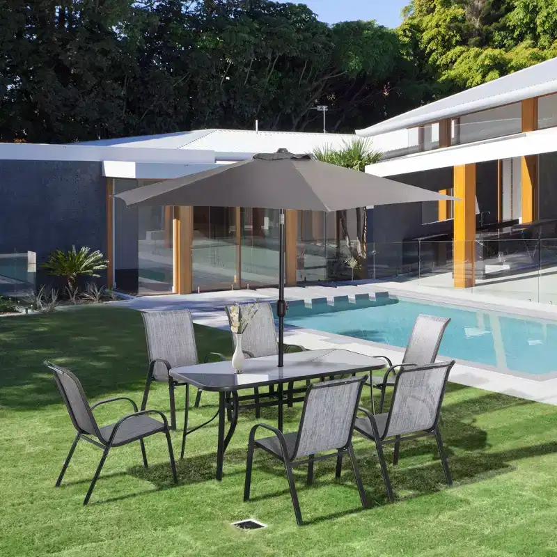 8 Pieces Patio Furniture Set with 9Ft Patio Umbrella, Outdoor Dining Table and Chairs, 6 Chairs, Push Button Tilt and Crank Parasol