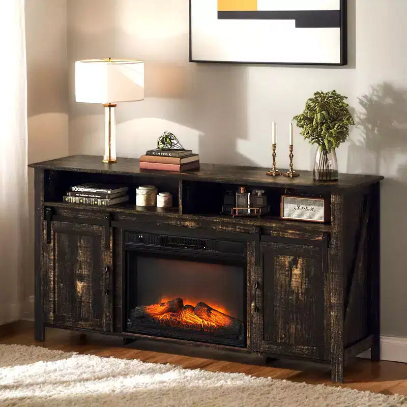 Farmhouse 59'' TV Stand For Tvs Up To 70'' With Electric Fireplace and 2-Door
