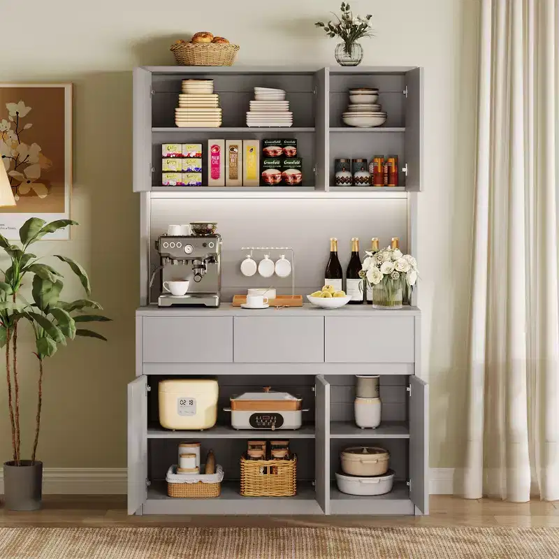 71 Kitchen Pantry Storage Cabinet with LED Light & Outlet, Kitchen Hutch with Microwave Shelf , Drawer & Adjustable Shelf, for Dining Room