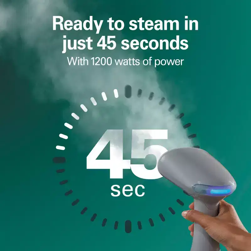 Hamilton Beach Handheld Garment Steamer: 1200W Clothes Steamer, 20 Min Steam, 400ml Tank, Fabric Brush, 8ft Cord, Gray