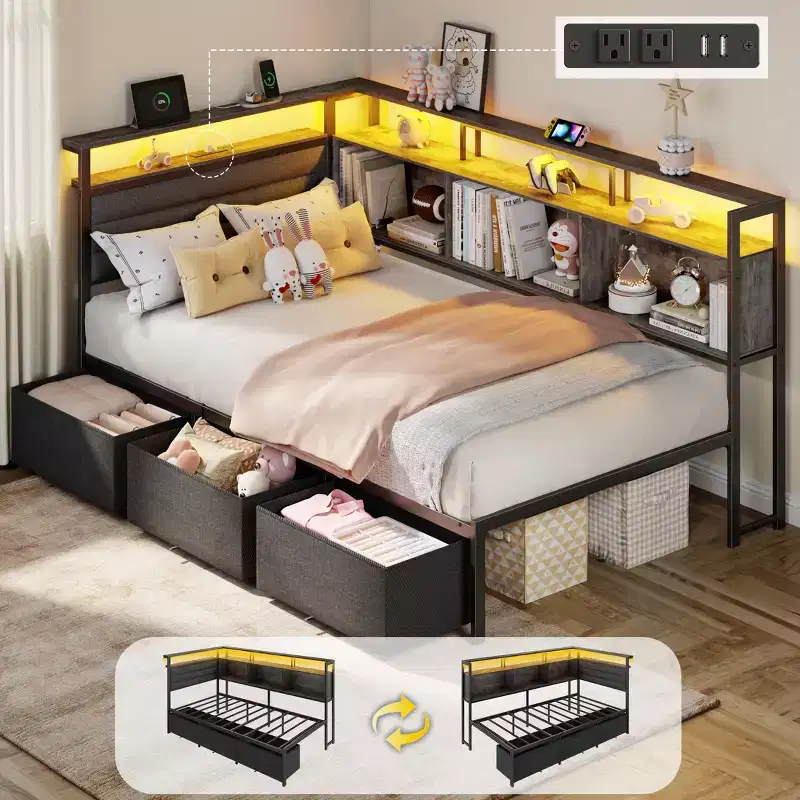 Twin Size Daybed with 3 Storage Drawers and Bookcase Gray Corner Bed Frame Charging Station LED Lights Upholstered Headboard Platform Support
