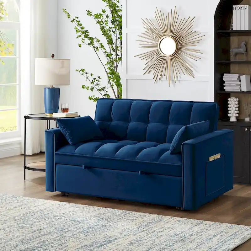 4 in1 Loveseat Sofa Bed with Armrests & Storage Pockets, Multi-Function Tufted Pull-out Sofa Bed with Adjustable Backrest