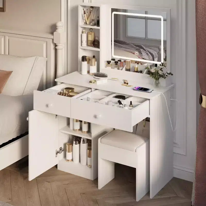 35.4 Vanity Table with 2 Drawers, LED Mirror & Chair White