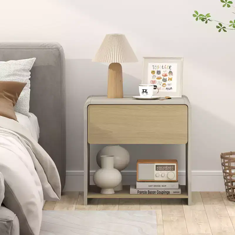Costway Modern Style Nightstand 2-Tier Sofa Side Bedside Table w/ Drawer & Open Shelf