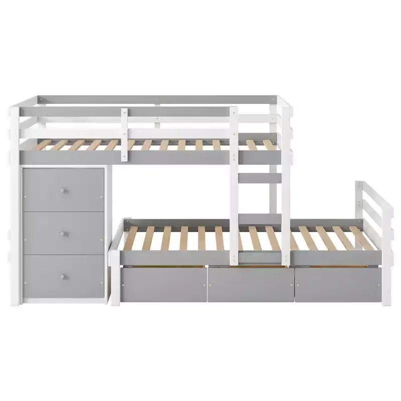 Twin over Twin Wooden Bunk Bed Frame with Drawers and Ladder -ModernLuxe