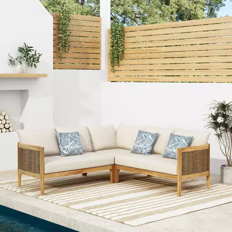 Christopher Knight 3pc Home Bruce Outdoor 5 Seater Acacia and Wicker Sectional Sofa Set with Cushions