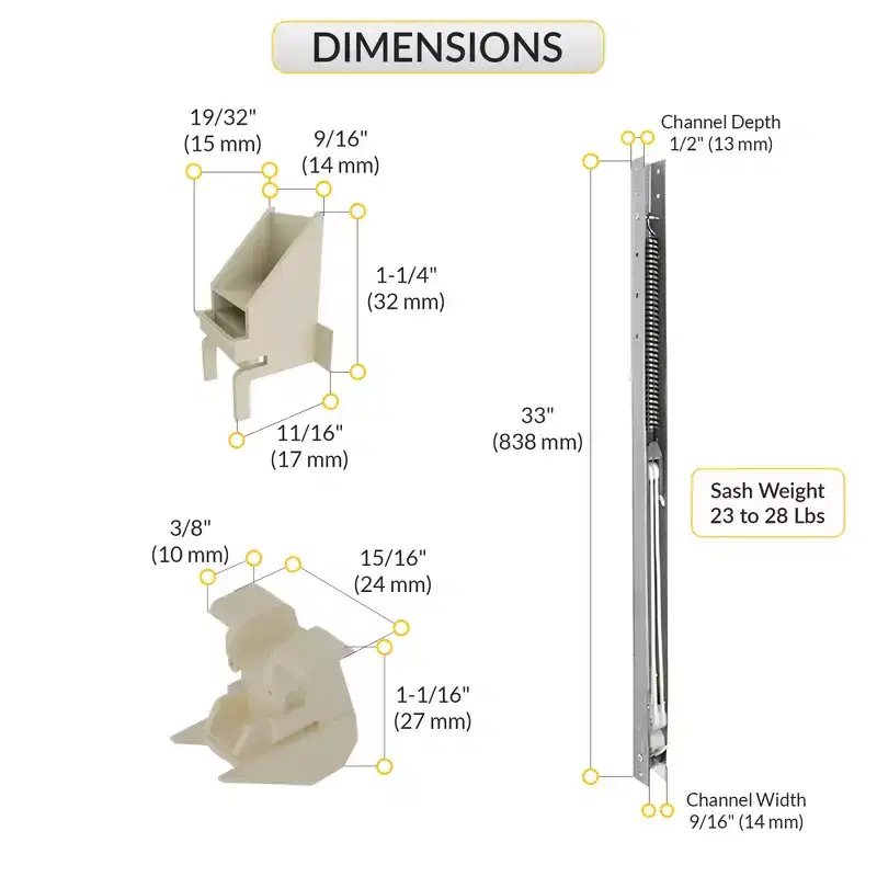 Brixwell 60-324-3 Window Channel Balance 33 Length Aluminum 23 to 28 lbs Sash Weight With 60-508a Top and 60-503a Bottom Sash Guides
