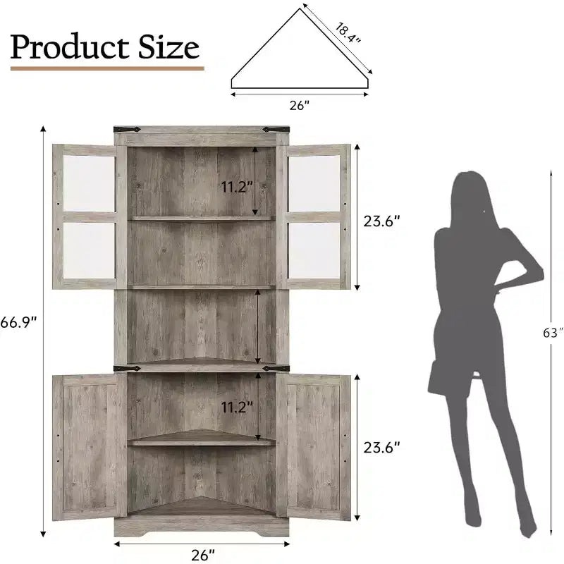 Grey / Retro Brown / Wood Corner Storage Cabinet with Doors – 6-Tier, Single