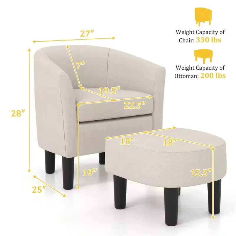 Costway Barrel Club Chair with Ottoman Set Footrest Curved Back & Removable Seat Cushion Grey/Beige
