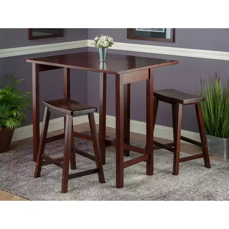3pc 24" Lynnwood High Drop Leaf Counter Height Dining Set, Saddle Stools - Winsome: Space-Saving, Seats 4