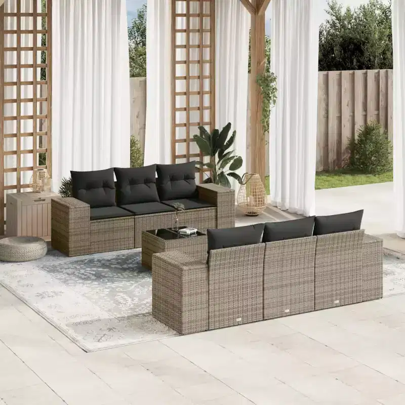 vidaXL Garden Sofa Set Grey PE rattan, powder-coated steel, tempered glass