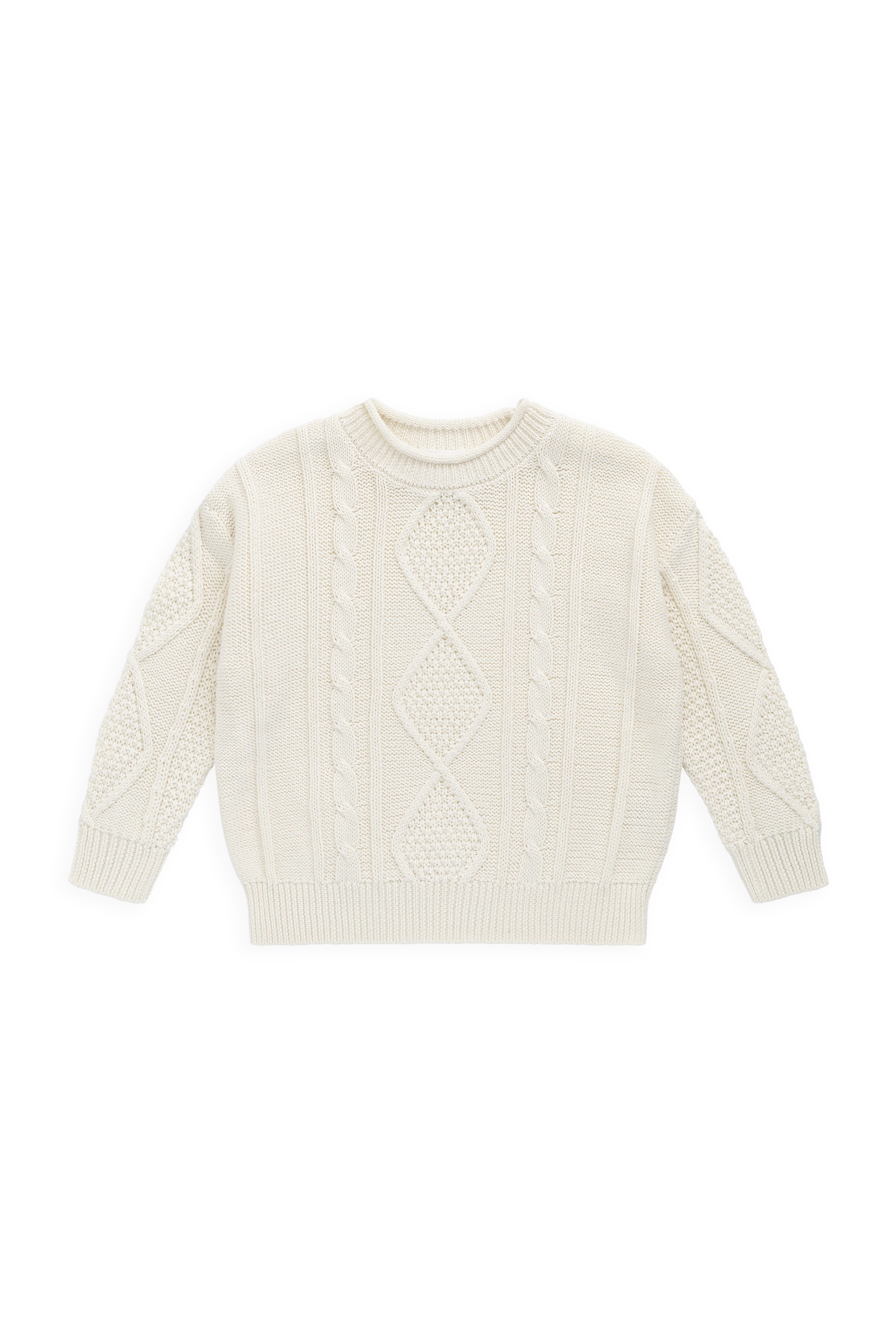 Soft Cloud White Cable-Knit Cotton Jumper with Ribbed Cuffs for Baby & Kids Layering