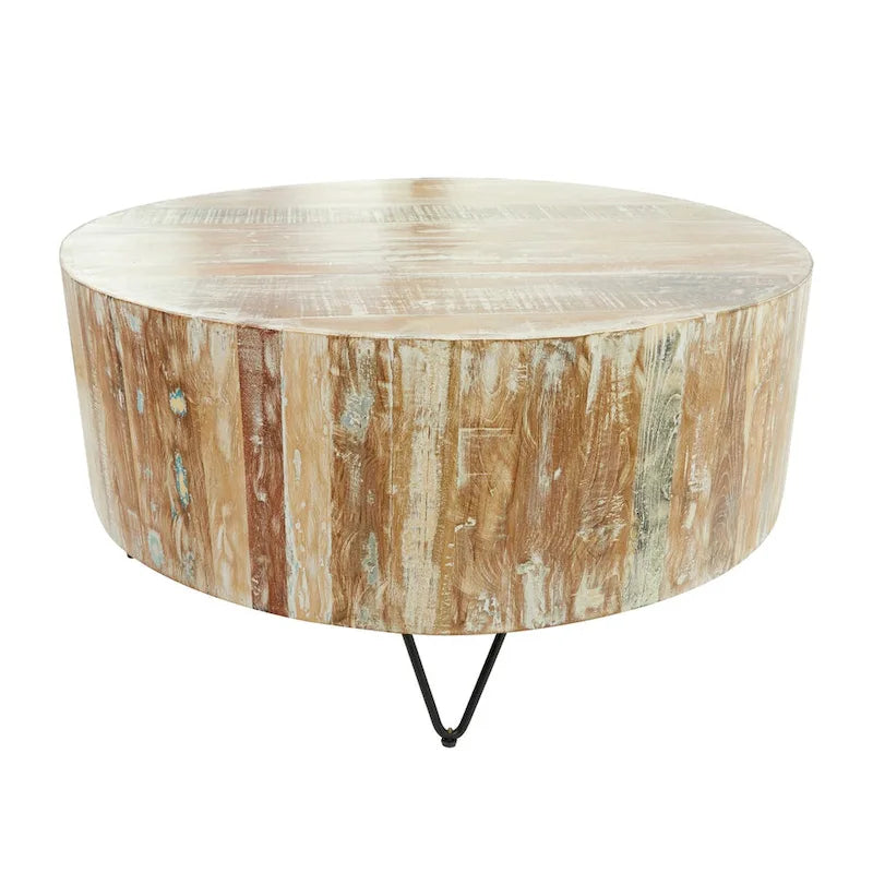 Handmade Mango Wood Distressed Coffee Table | Black Hairpin Legs | 36.5 Round | 100 lb