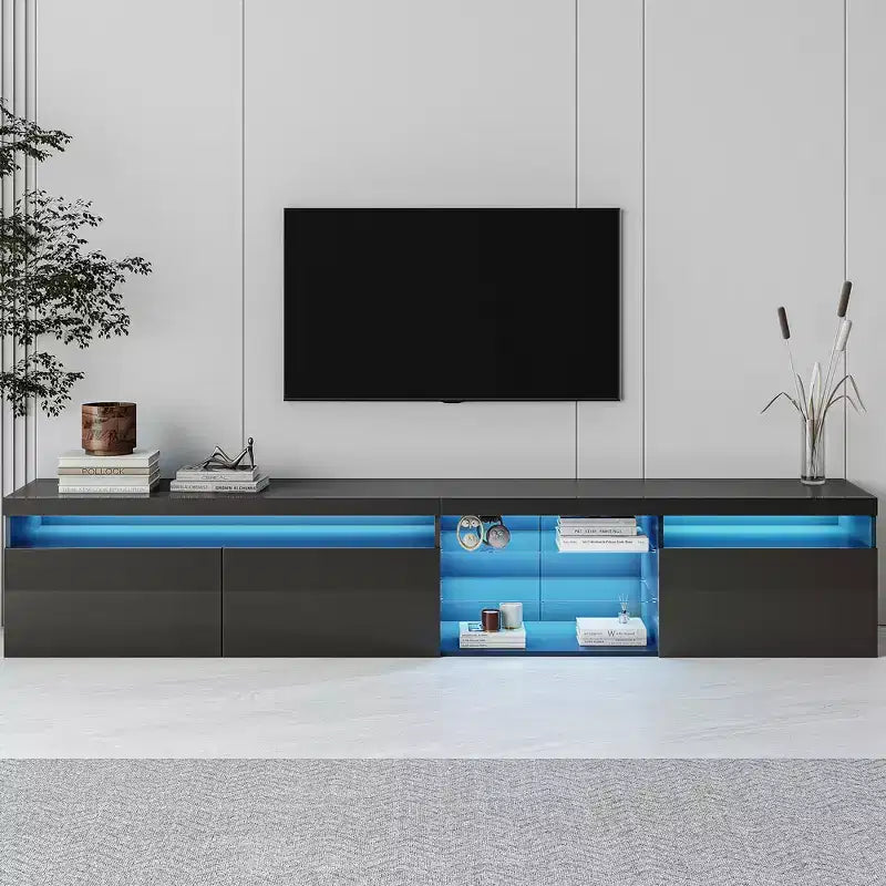 Modern TV Stand with LED Lights for 105 inch TV, TV Storage Cabinet Table with Glass Shelves for Living Room