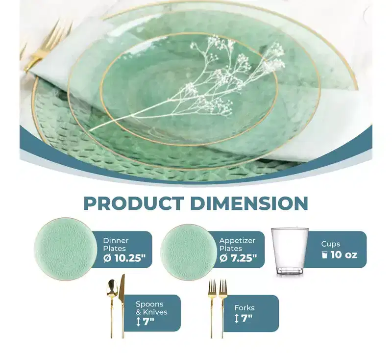 Posh Setting 840 Piece Green And Gold Plastic Party Bundle - Organic Hammered (120 Settings)