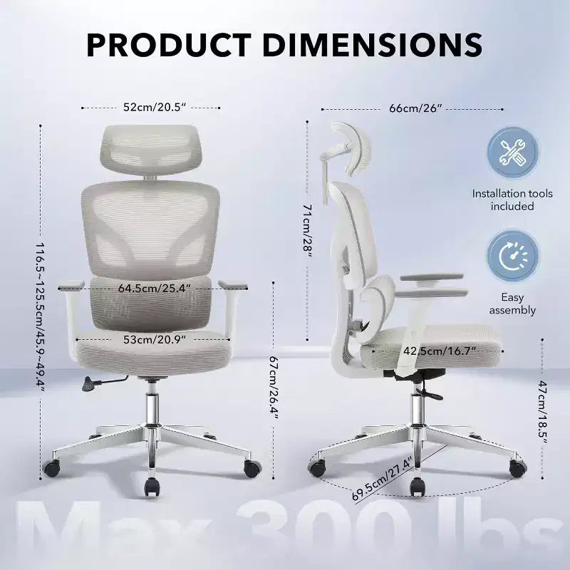 Ergonomic Office Chair w/ Adjustable Lumbar Support, High-Back Desk Gaming Chair w/ 3D Armrests, Headrest & Rolling Swivel, Comfortable Mesh Chair