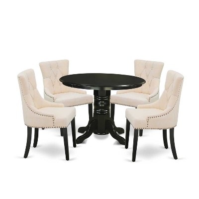 HomeStock Belmont 5 Piece Dining Room Furniture Set Includes a Round Dining Table with Pedestal and 4 Wood Seat Chairs, 42x42 Inch, Linen White