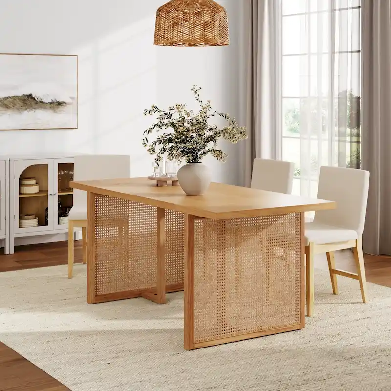 Warm Pine Boho Dining Table for 6, Rattan Accent