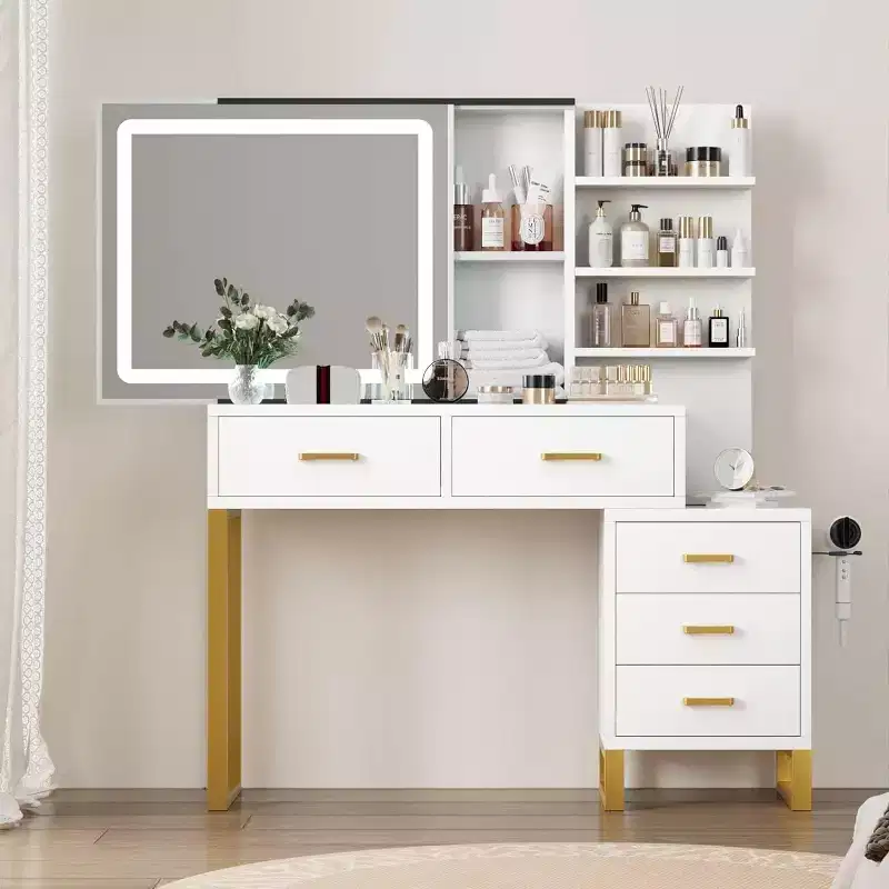 Vanity Desk with Mirror and Lights, Makeup Vanity Desk with Sliding Lighted Mirror, 3 Lighting Modes, 5 Large Drawers and 3 Tiers, for Bedroom, White