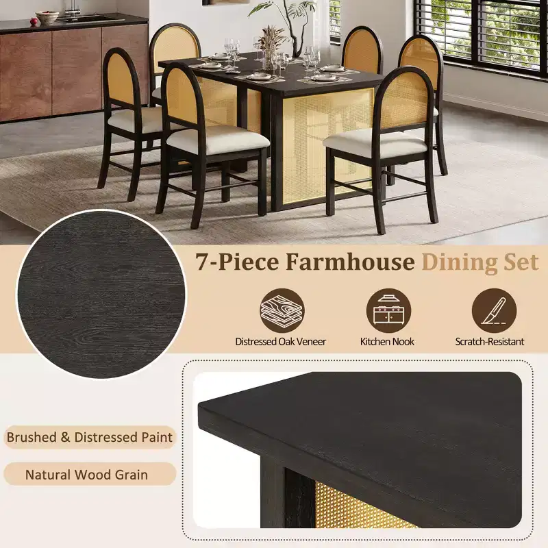 7 Piece Dining Table Set for 6, 59.8 Rectangular Dining Table with Upholstered Chair, Rattan Breakfast Table for Kitchen, Dining Room