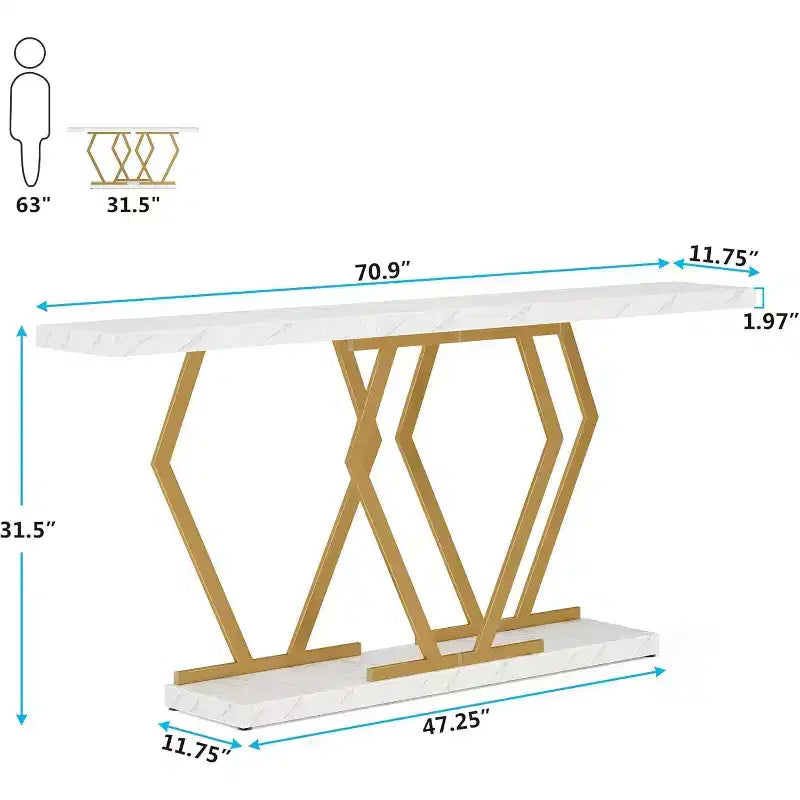 Lantine 70.9 Inch Extra Long Sofa Table, White and Gold Console Table with Faux Marble Tabletop, Modern Long Entryway Table with Gold Frame