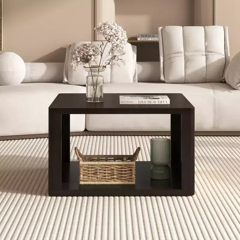 Wood Square Coffee Table with Storage, 2 Tier Center Table, End Table with Half Open Storage Compartment for Living Room
