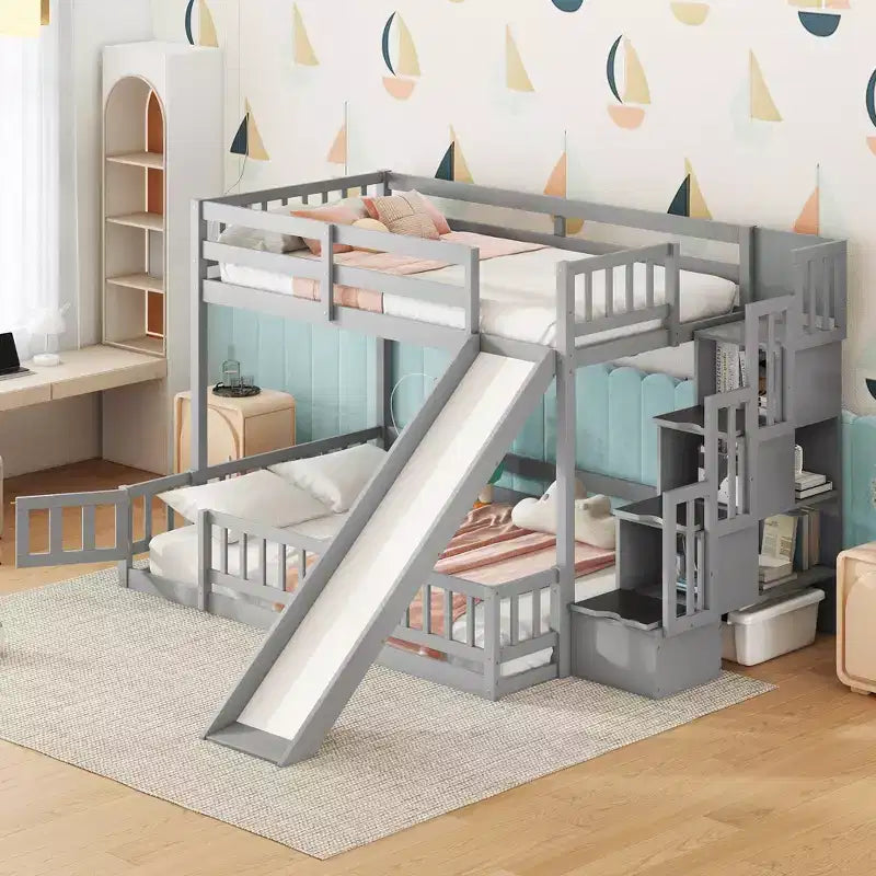 Twin over Full Bunk Bed with Slide, Storage Staircase, Safety Guardrails and Solid Pine Wood Frame, White/Grey
