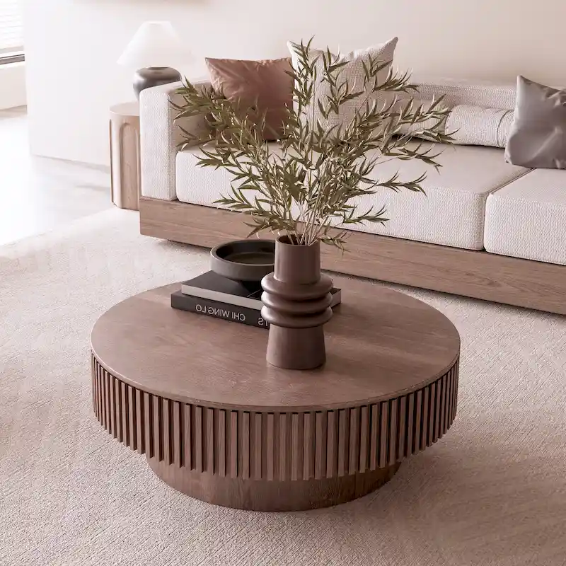 Modern Solid Wood Veneered Round Coffee Tea Table with Storage