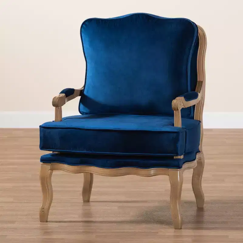 Traditional Navy Blue Fabric and French Oak Brown Finished Wood Accent Chair