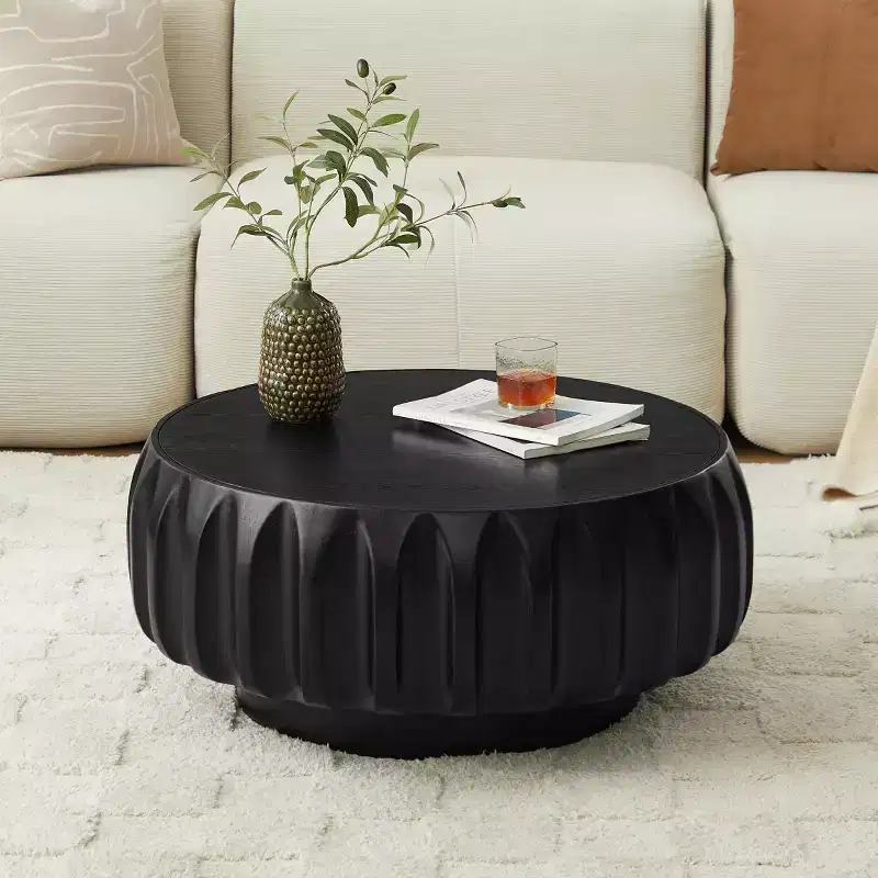 31.5 Round Wood Coffee Table, Mid-Century Modern Fluted Wood Carved Center Table for Living Room or Apartment