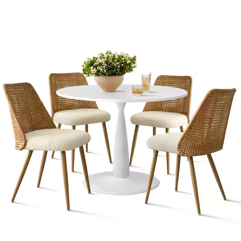 Small Round 5 Piece Dining Table Set for 4, 35 Round Pedestal Table with 4 Boucle Dining Chairs Double Layer Rattan Back. Dining Room-Panipeachy