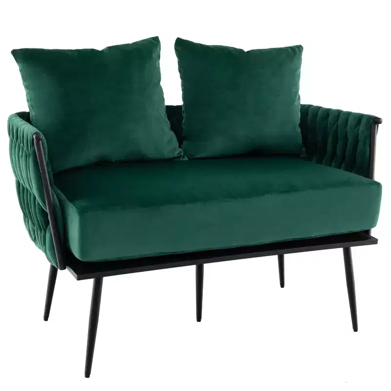 Costway Modern Loveseat Sofa Upholstered Dutch Velvet Couch with Woven Back & Arms Green/Grey