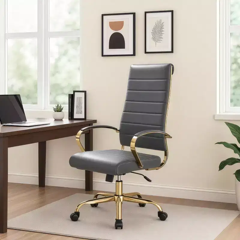 LeisureMod Benmar High-Back Ribbed Leather Office Chair - Modern Swivel & Tilt Executive Desk Chair - Gold Base