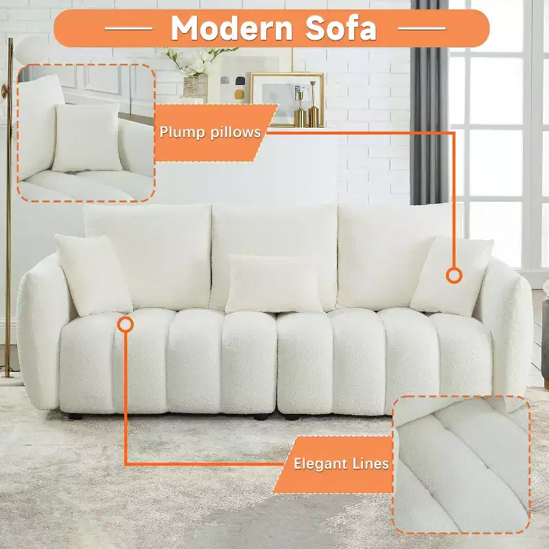 3-seater Upholstered Sofa Couch, Teddy Fabric Sofa with 3 Back Pillows