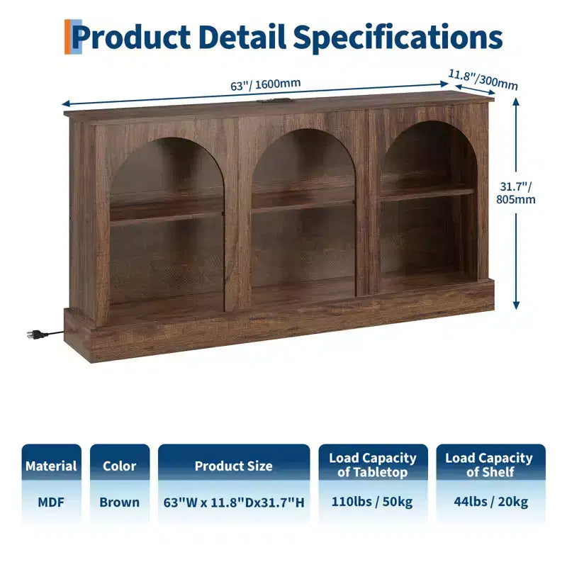 Arched TV Stand for TVs up to 75, 63 Entryway Console Table with Charging Station, Wooden Entertainment Center & Sofa Table for Living Room,Hallway
