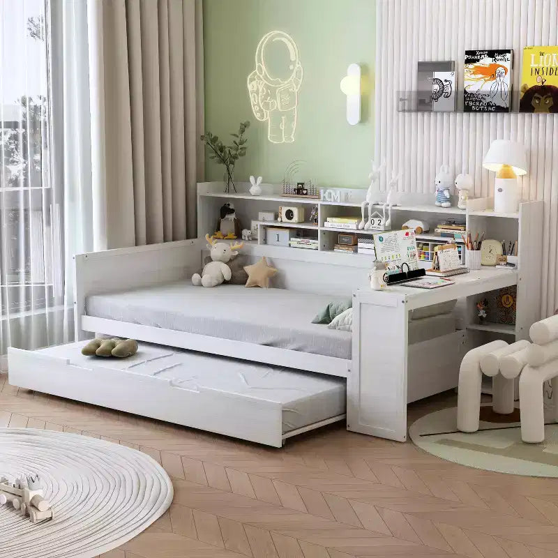 MAYEERTY Twin Size Bed with Storage Shelves Multifunctional Bed with Trundle Bed Study Desk for Bedroom Antique White