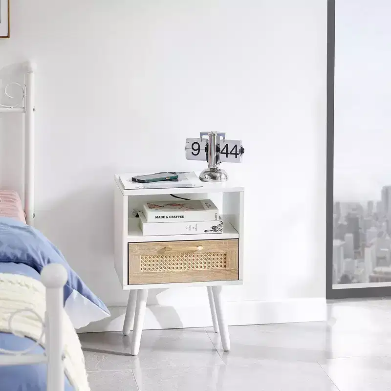 Mid-Century Modern Nightstand,15.75 Rattan Night Stands with Power Outlet & USB Ports,Drawer Solid Wood Legs, Bedroom Night Stand